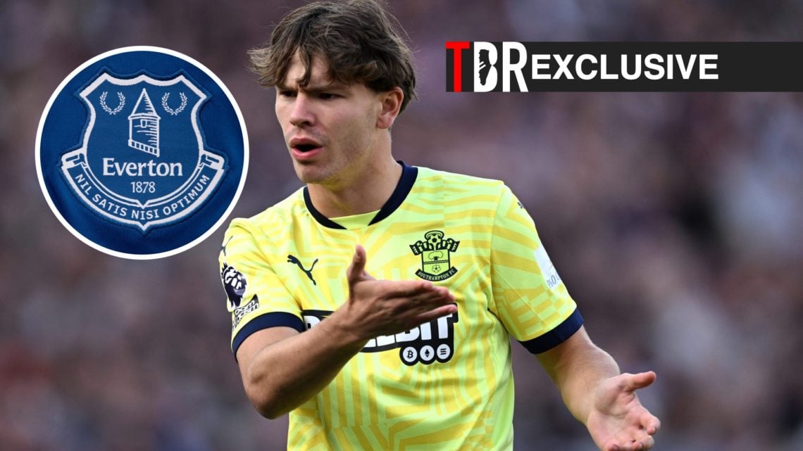Tyler Dibling complains during a match between Southampton and West Ham, Everton badge, TBR logo and exclusive tag inset