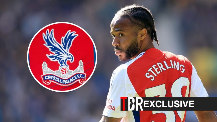Raheem Sterling in action for Arsenal against Everton, Crystal Palace badge, TBR logo and exclusive tag inset