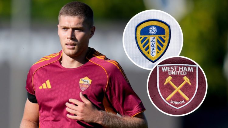 Roma Player Artem Dovbyk with the Leeds United and West Ham badges inset