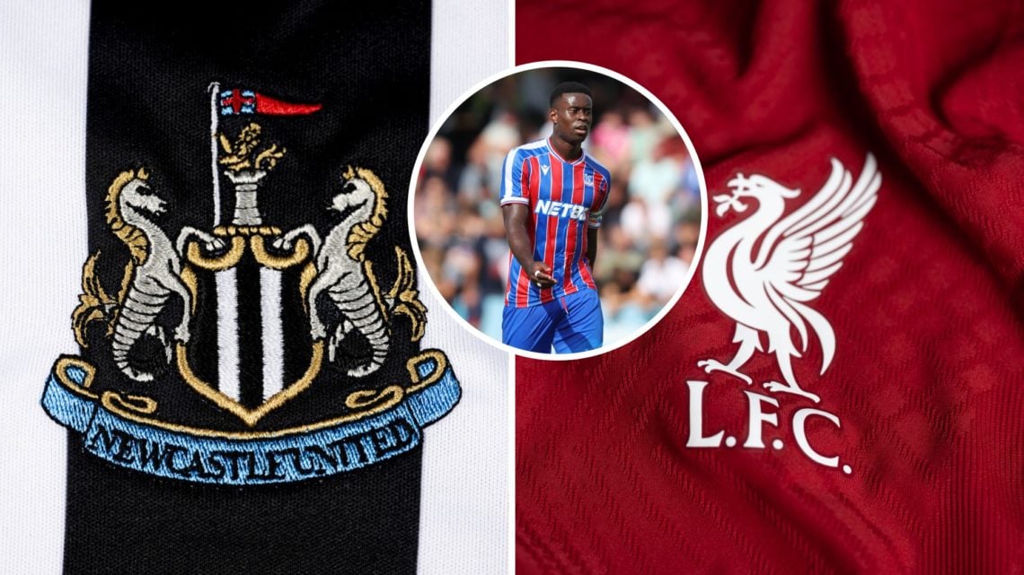Split image of the Newcastle United badge and the Liverpool badge, Marc Guehi inset