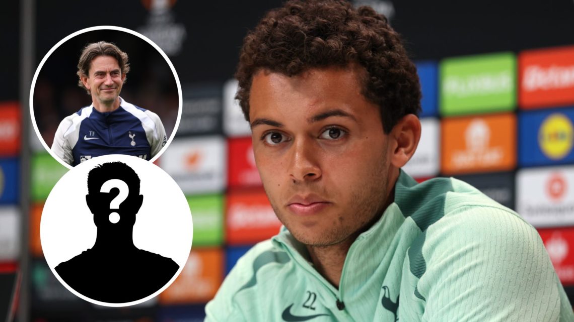 Tottenham Hotspur winger Brennan Johnson during press conference. Inset of Spurs manager Thomas Frank and a mystery player.