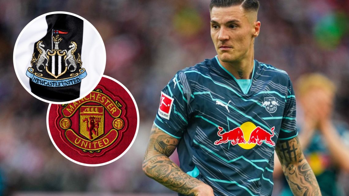 Benjamin Sesko during a Bundesliga match for RB Leipzig. A close-up shot of the Newcastle United badge. Manchester United Club Crest.
