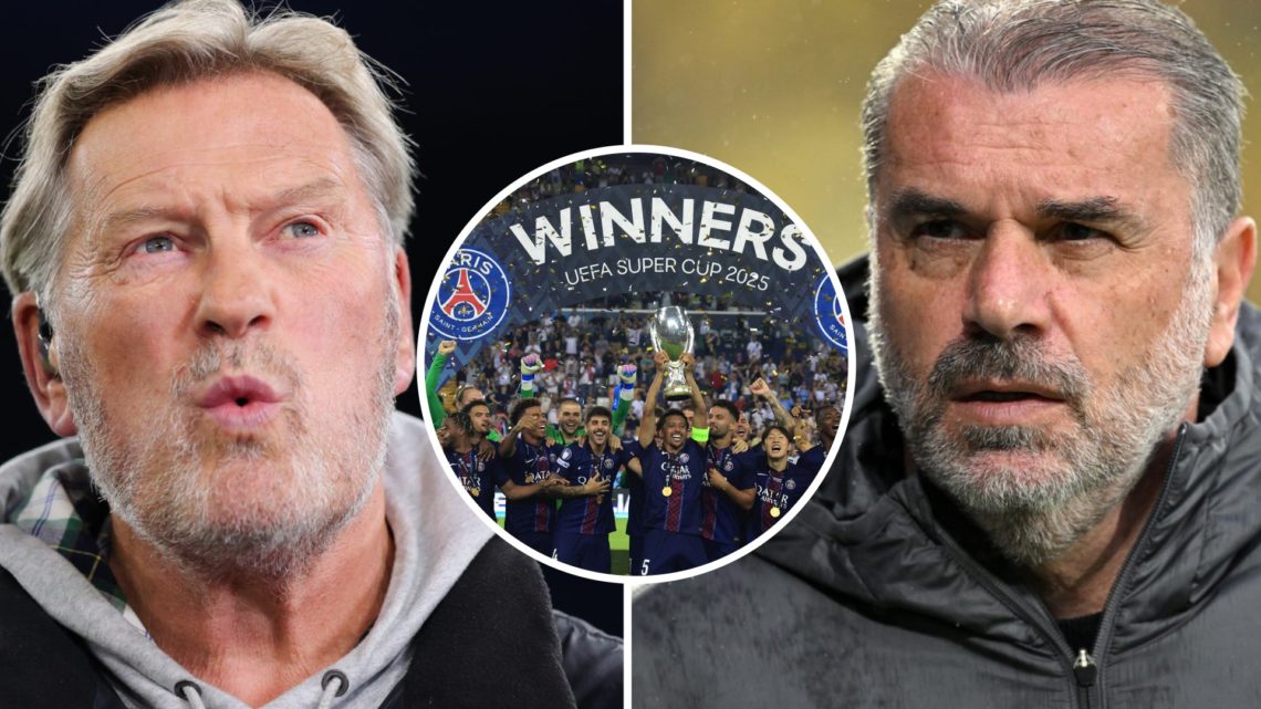 Glenn Hoddle and Ange Postecoglou split image with PSG lifting Super Cup