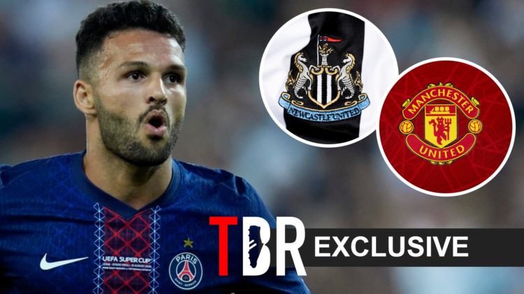 Goncalo Ramos, Newcastle United badge (inset, left), Manchester United badge (inset, right)