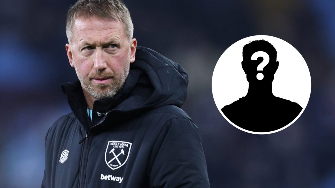 Image of Graham Potter watching on from the sidelines during a West Ham game, with an inset of a mystery figure