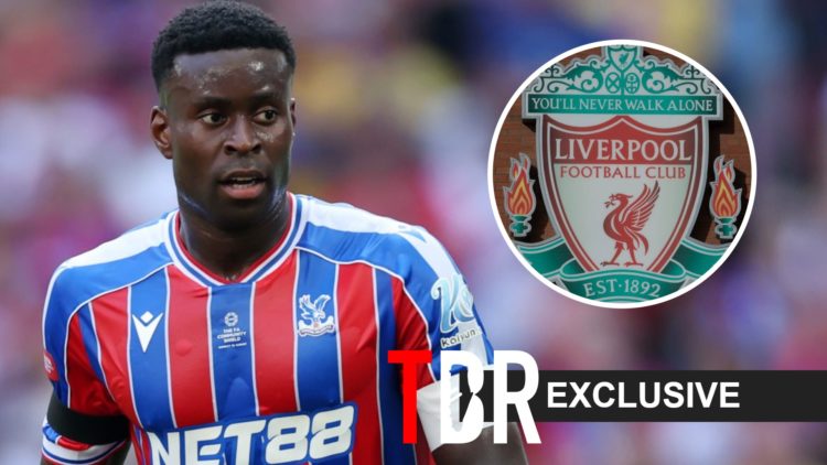 Marc Guehi of Palace looks on (left), Liverpool badge (right)