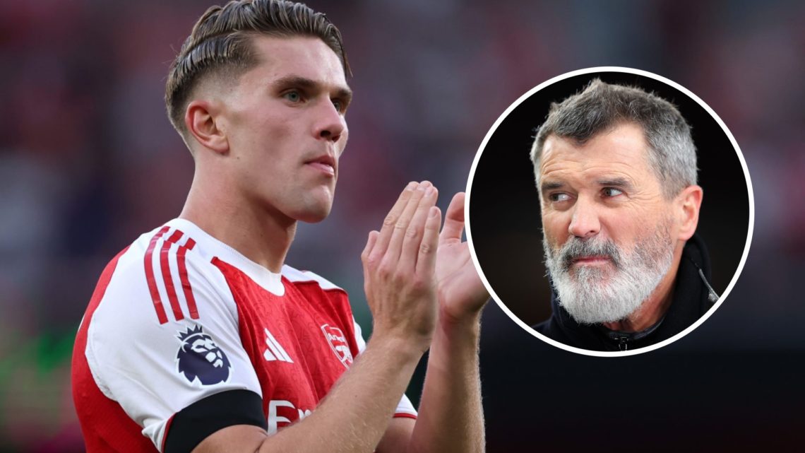 Viktor Gyokeres applauds Arsenal fans alongside an inset of Roy Keane.