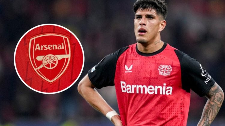 Bayer Leverkusen's Piero Hincapie alongside an Arsenal badge.