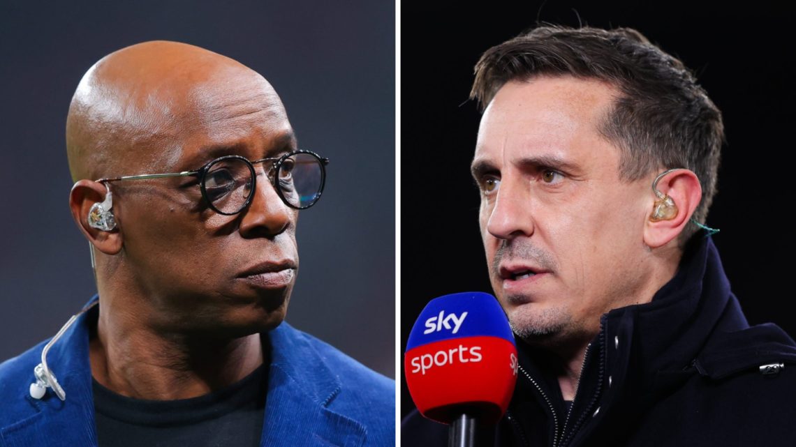 Split image of (L) Ian Wright and (R) Gary Neville both working as pundits before games