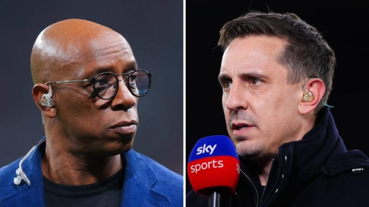 Split image of (L) Ian Wright and (R) Gary Neville both working as pundits before games