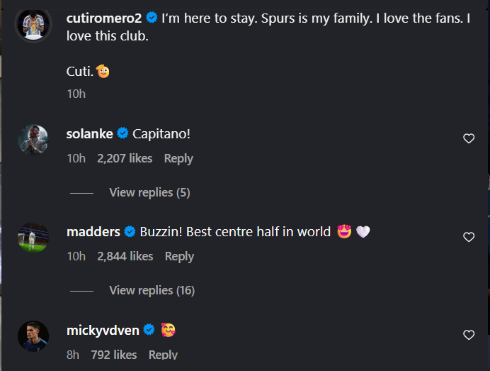 Replies under Tottenham captain Cristian Romero's Instagram post about signing a new contract
