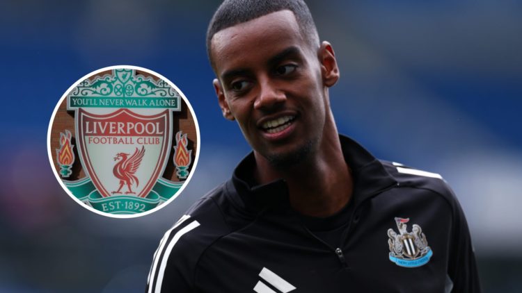Newcastle star Alexander Isak looks on during the match against Brighton. Image of the Liverpool badge outside Anfield Stadium.