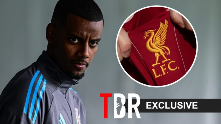 Newcastle United striker Alexander Isak alongside a Liverpool badge.