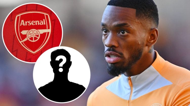 Ivan Toney, Arsenal badge (inset, top), mystery player (inset, bottom)