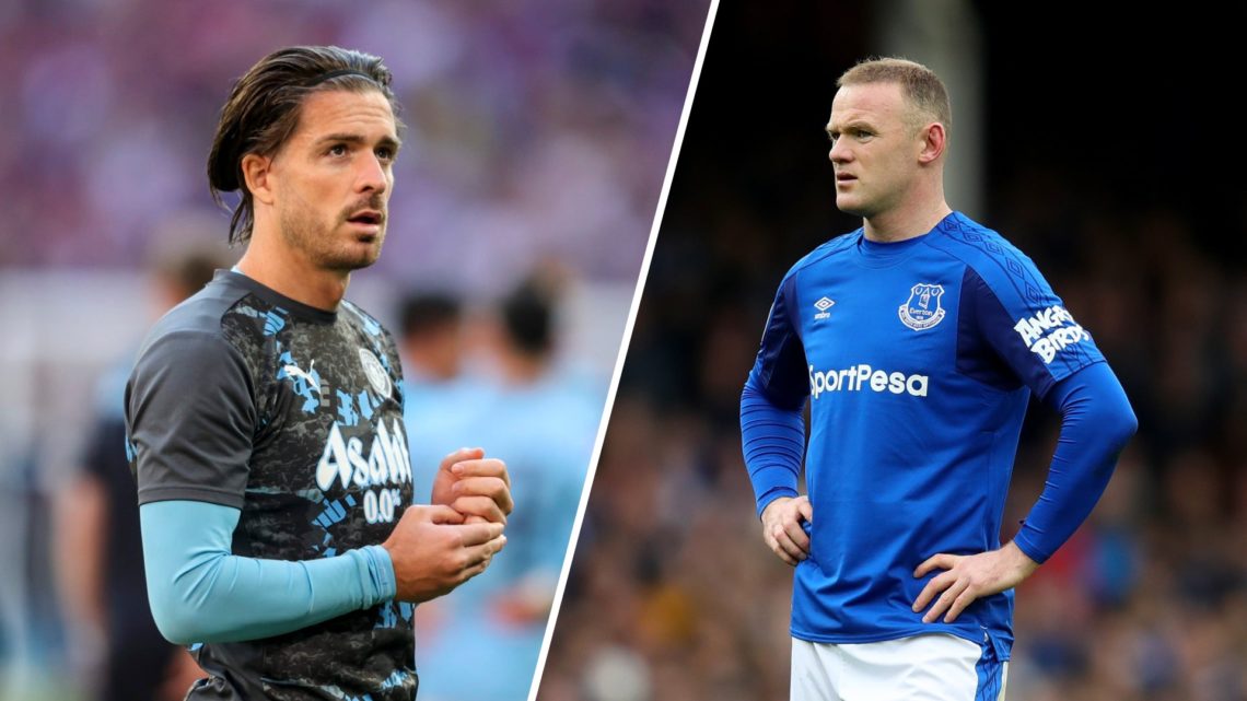 A split image of Manchester City's Jack Grealish (L) and Wayne Rooney in action for Everton (R)