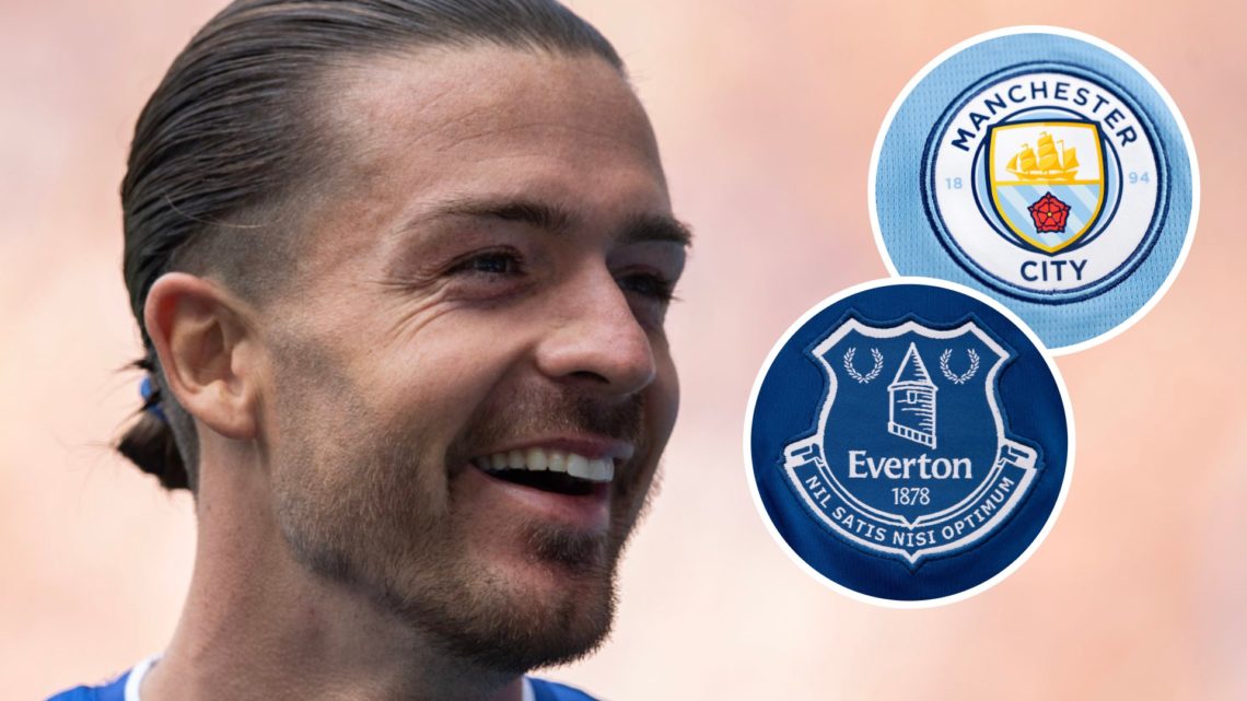 Jack Grealish, Manchester City badge (inset, top), Everton badge (inset, bottom)