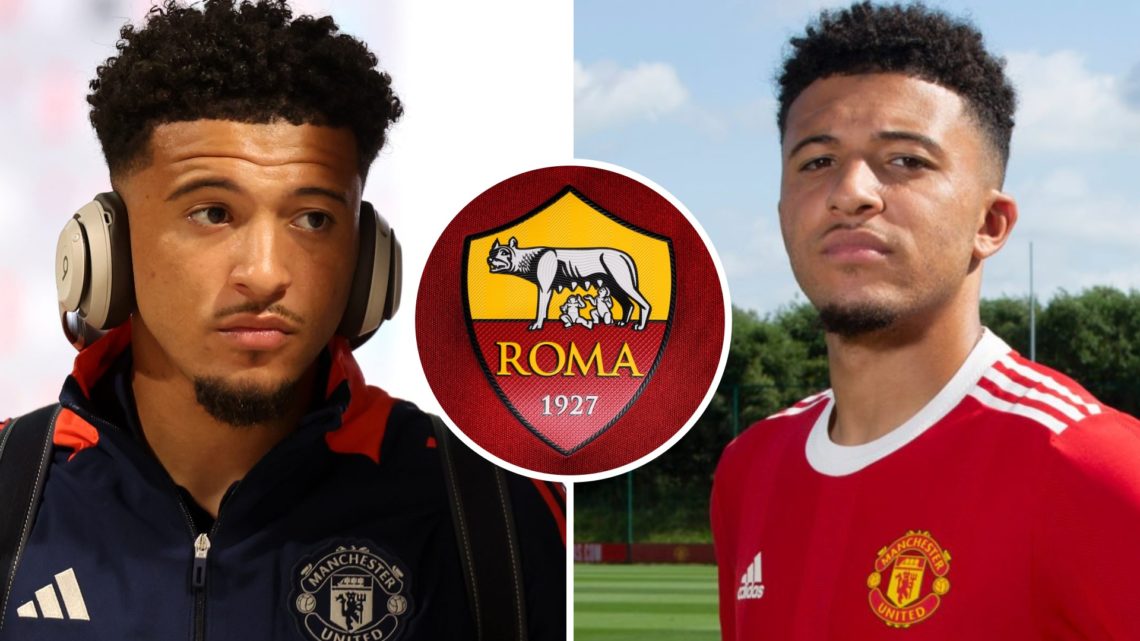 Jadon Sancho of Manchester United split image with Roma badge