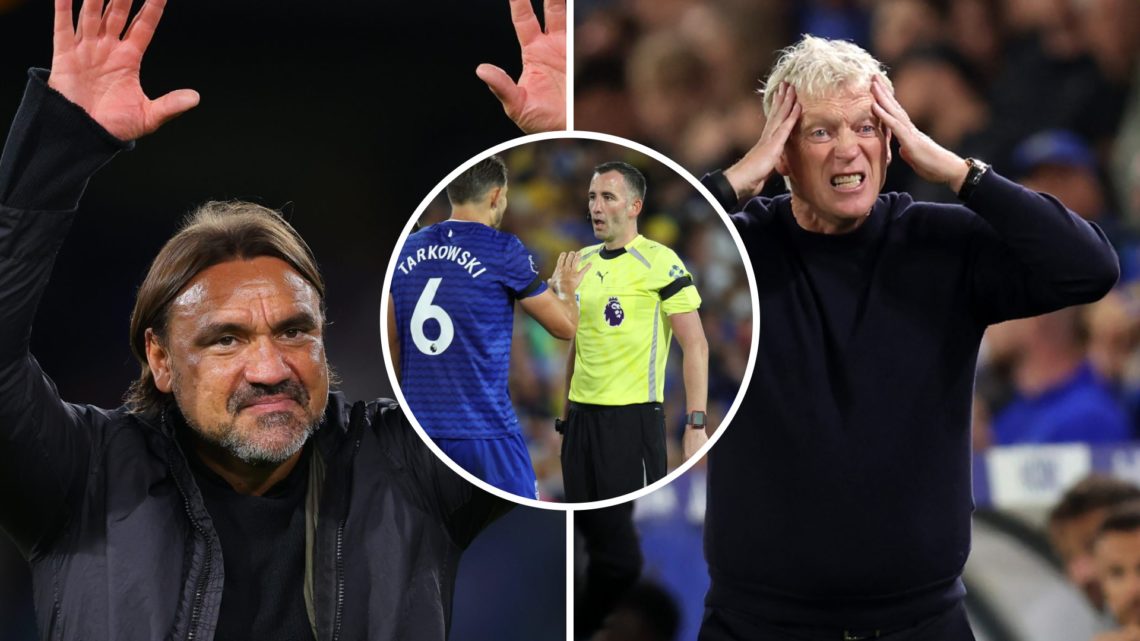Split image of Daniel Farke (L) celebrating Leeds' win and Everton boss David Moyes (R) annoyed. Inset of James Tarkowski after conceding a penalty...
