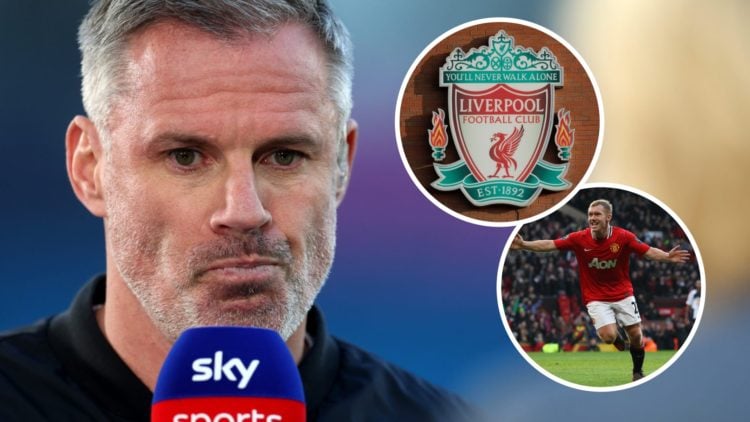 Jamie Carragher looks on (left), Liverpool badge and image of Paul Scholes