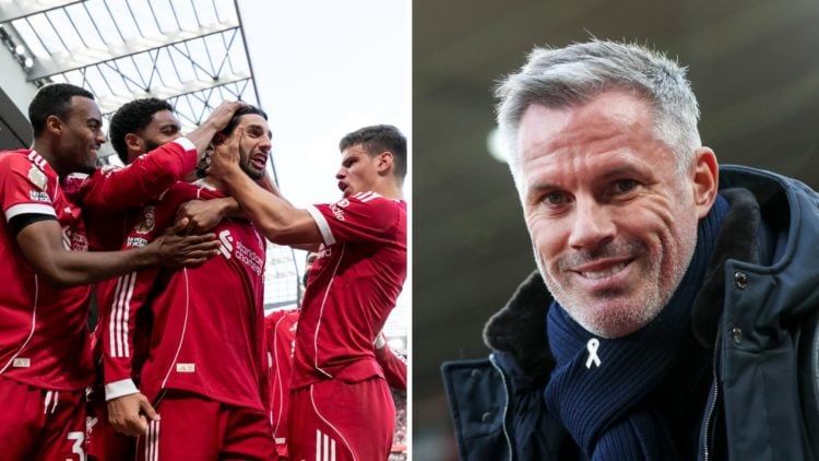 Jamie Carragher and Liverpool players celebrating against Arsenal split image