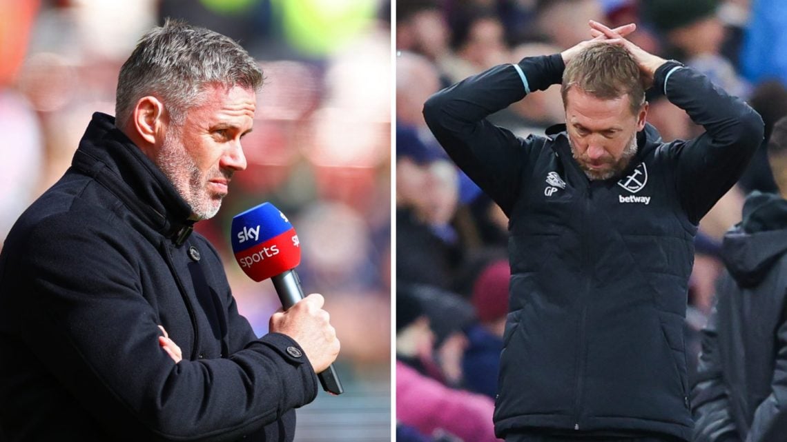 Split image of (L) Jamie Carragher looking on while working as a pundit for Sky Sports and (R) Graham Potter looking dejected during a West Ham game