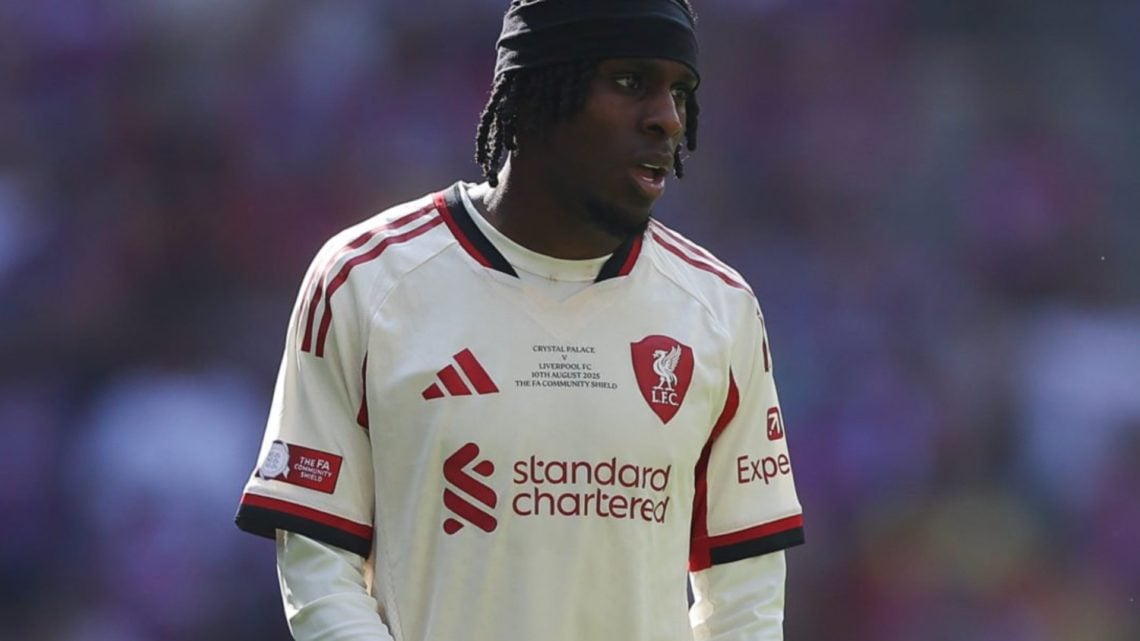 Jeremie Frimpong of Liverpool during the 2025 FA Community Shield match between Crystal Palace and Liverpool at Wembley Stadium.