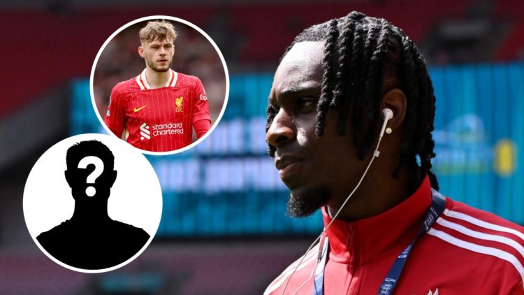 Jeremie Frimpong of Liverpool looks on during a pitch inspection prior to the 2025 FA Community Shield match between Crystal Palace and Liverpool a...