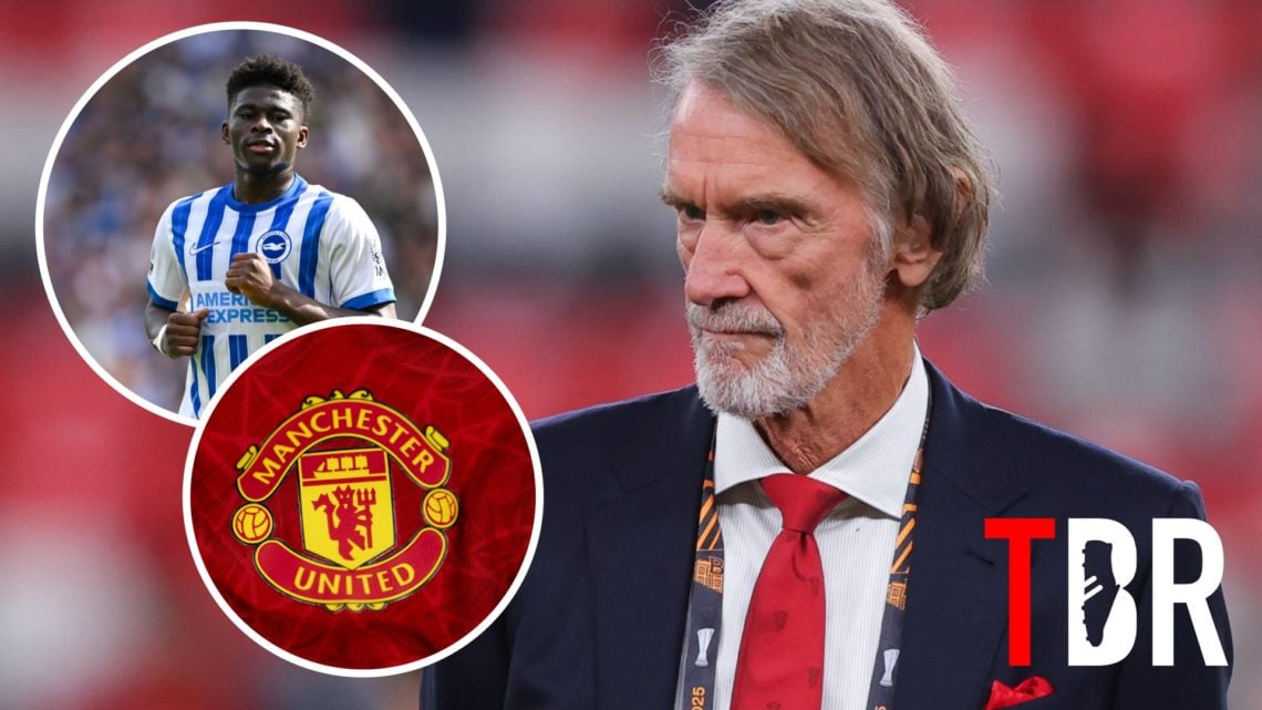 Jim Ratcliffe, Carlos Baleba (inset, top), Manchester United badge (inset, right)