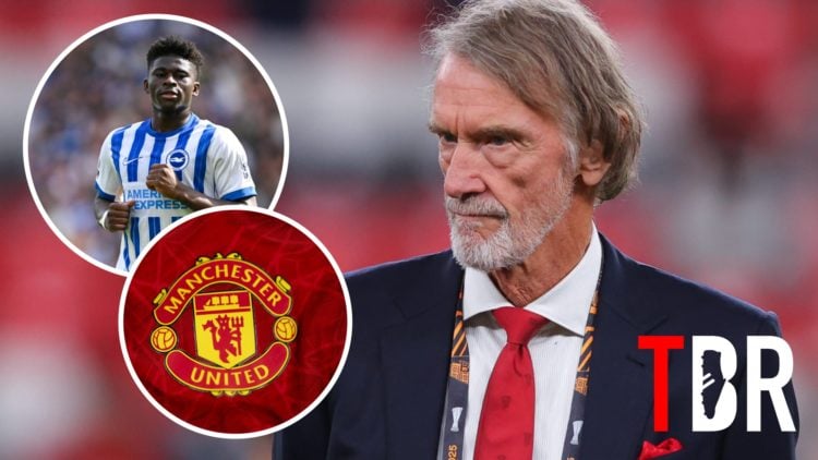 Jim Ratcliffe, Carlos Baleba (inset, top), Manchester United badge (inset, right)