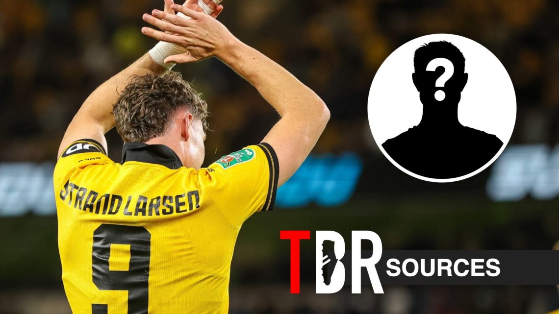 Wolves striker Jorgen Strand Larsen applauds fans. Inset, a mystery player icon and a black banner with 'sources' in white text, alongside the TBR ...