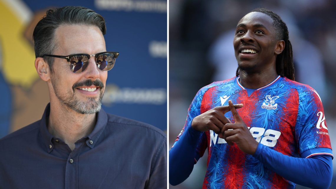 Split image of (L) Arsenal owner Josh Kroenke looking on during a pre-season meeting and (R) Eberechi Eze celebrating after scoring for Crystal Palace