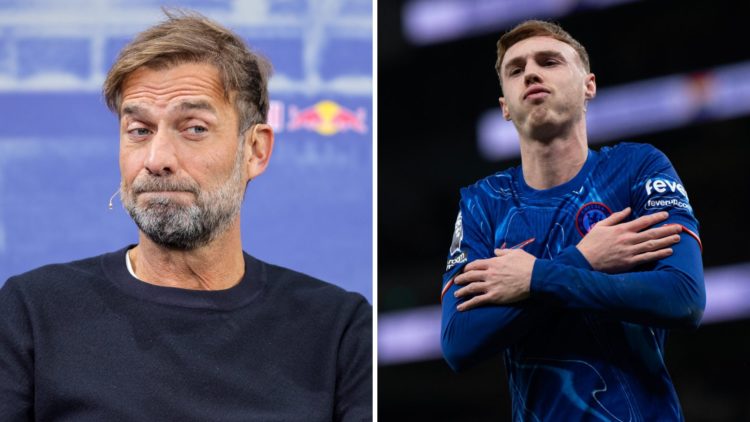 Split image of (L) Jurgen Klopp looking on during his presentation at Red Bull and (R) Cole Palmer celebrating after scoring for Chelsea