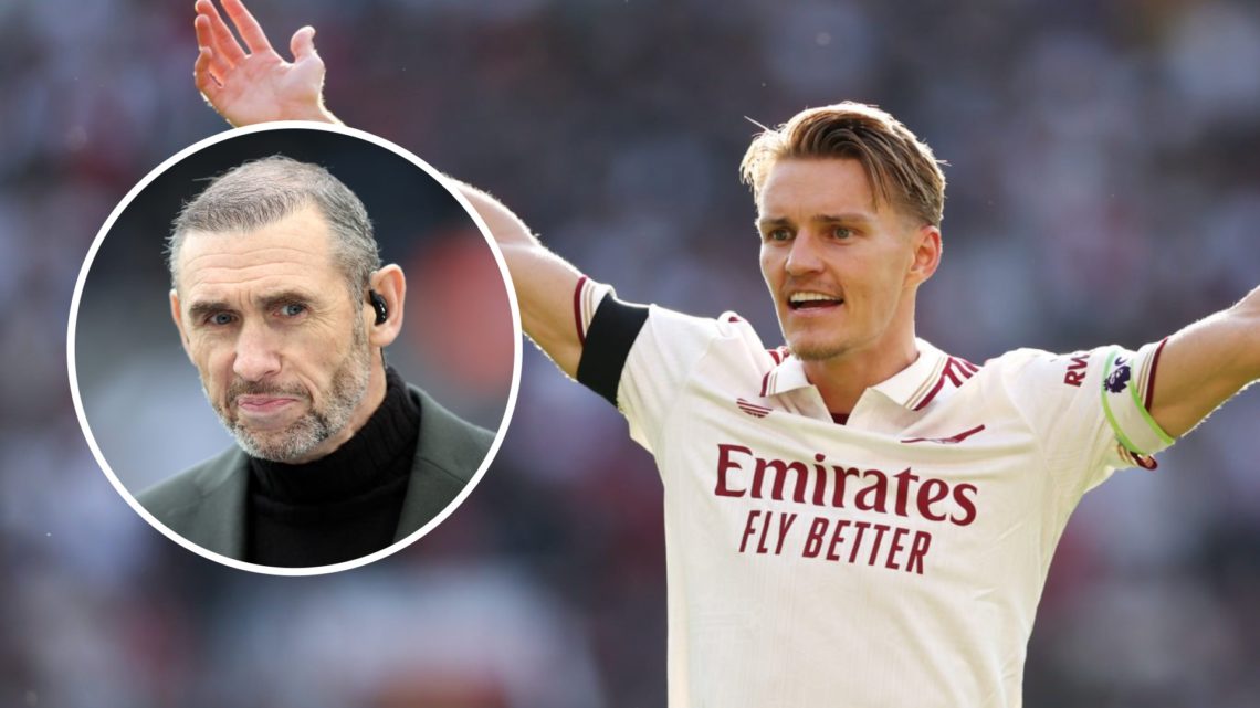 Arsenal captain Martin Odegaard playing in the Premier League alongside an inset of Martin Keown.