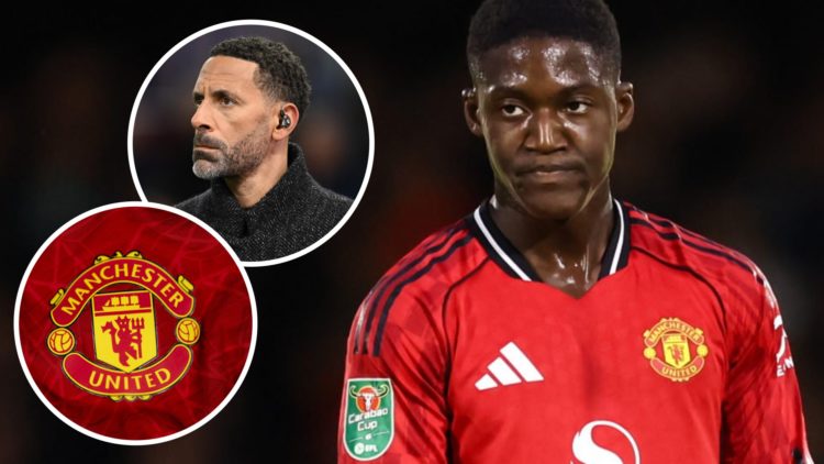 Kobbie Mainoo, Rio Ferdinand (inset, top), Manchester United badge (inset, bottom)