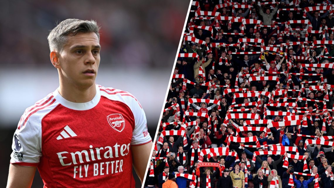A split image of Arsenal forward Leandro Trossard (L) and Arsenal fans againt Real Madrid (R)
