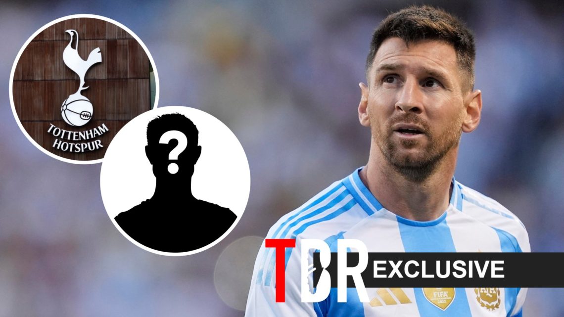 Image of Lionel Messi looking on while playing for Argentina, with insets of the Tottenham badge and a mystery player, overlaid a TBR Exclusive banner