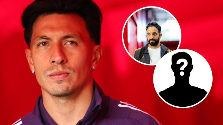 Lisandro Martinez (left) looks on, Ruben Amorim and mystery player overlay (right)