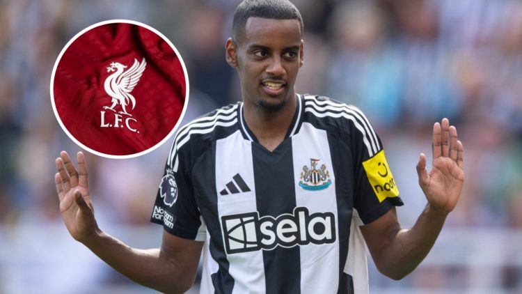 Alexander Isak in action during a Premier League clash between Newcastle and Ipswich, Liverpool badge inset