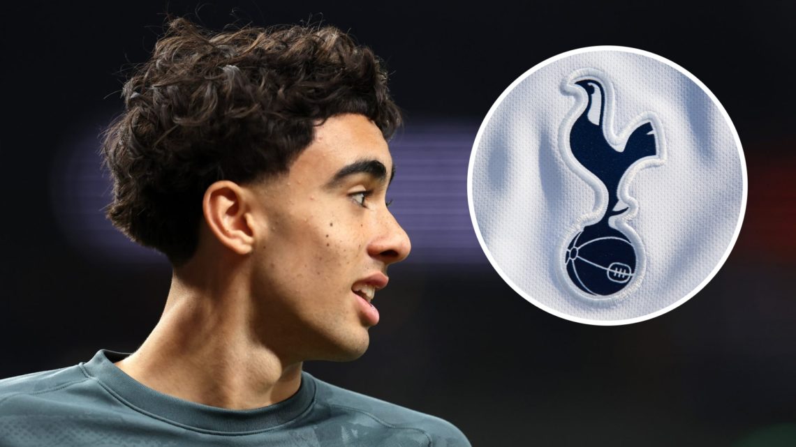 Luca Williams-Barnett ahead of Europa League match. Inset of Tottenham Hotspur badge.