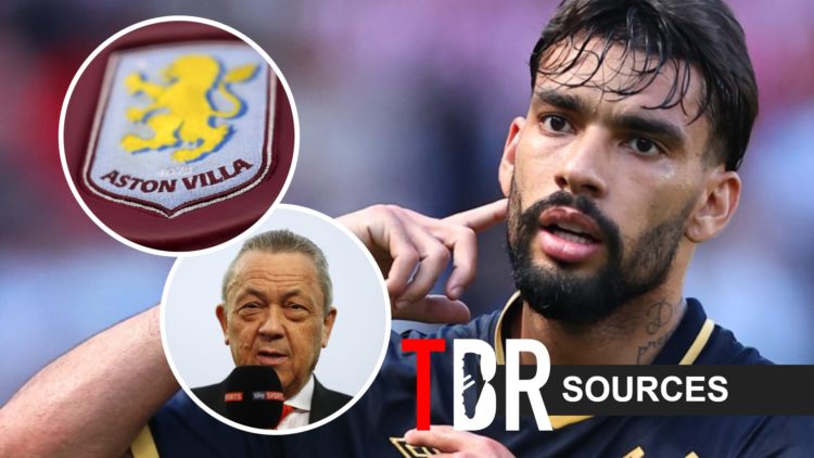 Lucas Paqueta (right), David Sullivan and Aston Villa badge (left)