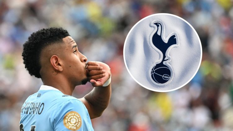 Manchester City winger Savinho in action during the FIFA Club World Cup. Inset of Tottenham Hotspur badge.