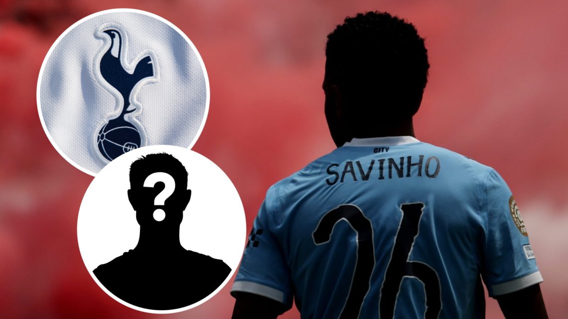 Manchester City winger Savinho during FIFA Club World Cup. Inset of Tottenham Hotspur badge and a mystery player.