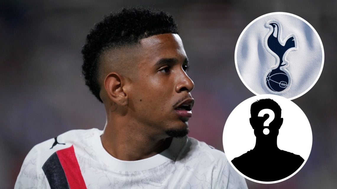 Manchester City winger Savinho during FIFA Club World Cup match. Inset of Tottenham Hotspur badge and a mystery player.