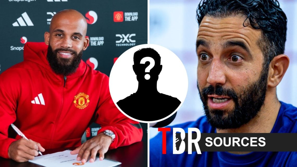Bryan Mbeumo of Man Utd signs contract (left), Ruben Amorim looks shocked (right)