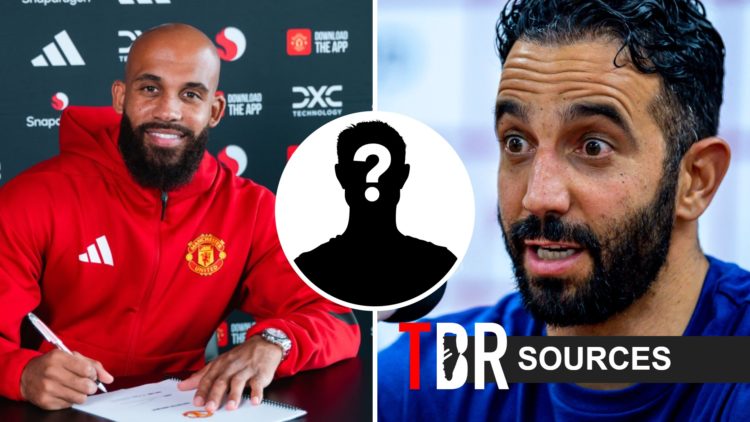 Bryan Mbeumo of Man Utd signs contract (left), Ruben Amorim looks shocked (right)