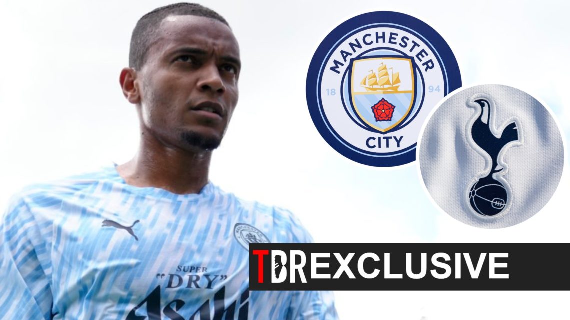 Manuel Akanji, Manchester City badge (inset), Tottenham badge (inset)