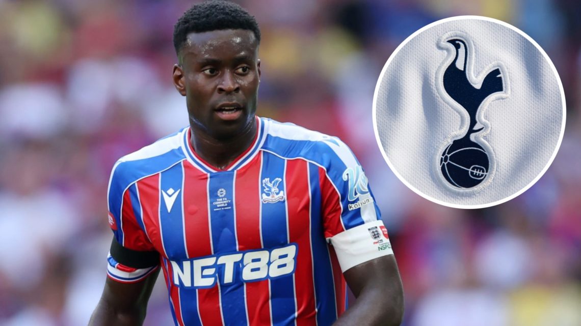 Liverpool target Marc Guehi in action for Crystal Palace. Inset of Tottenham Hotspur badge.