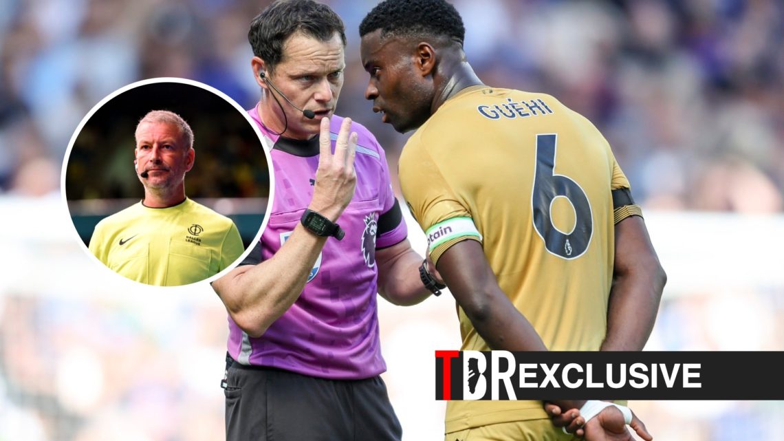 Darren England explains a decision to Marc Guehi, TBR logo, exclusive tag and Mark Clattenburg inset