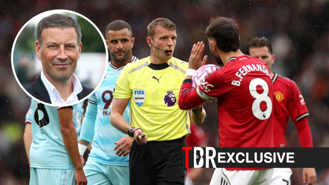 Bruno Fernandes complains during a Premier League clash between Manchester United and Burnley, Mark Clattenburg, TBR logo and exclusive label inset