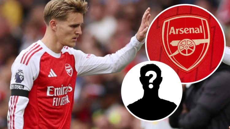 Martin Odegaard, Arsenal badge (inset, top), mystery player (inset, bottom)